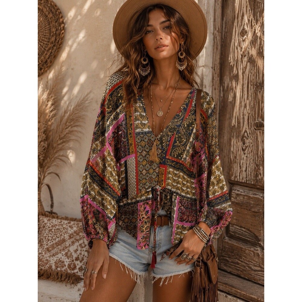Bohemian Patchwork Paisley Print Tunic Top Balloon Sleeves Tassel Tie Size L